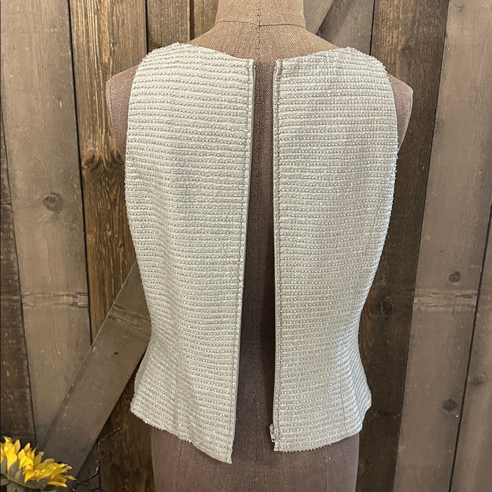 Carmen Marc Valvo Sleeveless Metallic Silver Grey Beaded Blouse Size 8 - Picture 7 of 14